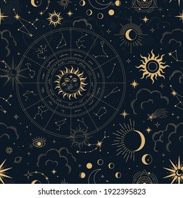 Vector magic seamless pattern and constellations  zodiac wheel  sun  moon  magic eyes  clouds   stars  Mystical esoteric background for design fabric  packaging  astrology  phone case  yoga mat