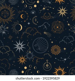 Vector magic seamless pattern with constellations, sun, moon, magic eyes, clouds and stars. Mystical esoteric background for design of fabric, packaging, astrology, phone case, wrapping paper.