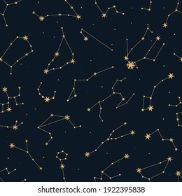 Vector magic seamless pattern with constellations and stars. Mystical esoteric background for design of fabric, packaging, astrology, phone case, yoga mat, notebook covers, wrapping paper.