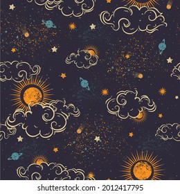 Vector magic seamless pattern with constellations, sun, planets, clouds and stars.Vintage background for design of fabric, packaging, astrology, phone case, wrapping paper. Retro illustration.