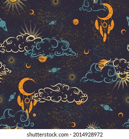 Vector magic seamless pattern with constellations, sun, planets, dream catchers,clouds and stars.Vintage background for design of fabric, packaging, astrology, phone case, wrapping paper. Retro style.