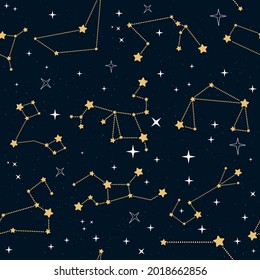 Vector magic seamless pattern with constellations and stars. Mystical esoteric background for design of fabric, packaging, astrology, phone case, yoga mat, notebook covers, wrapping paper.