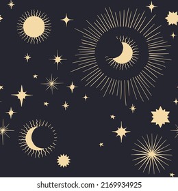 Vector magic seamless pattern with constellations and stars. Mystical esoteric background for design of fabric, packaging, astrology, phone case, wrapping paper. Celestial seamless pattern.