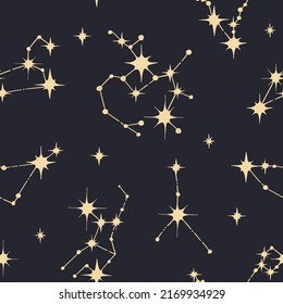 Magnífico vectorial con constelaciones y estrellas. Fondo esotérico místico para el diseño de tela, embalaje, astrología, estuche de teléfono, papel de envoltura. Patrón celestial sin fisuras.