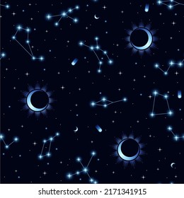 Vector magic seamless pattern with constellations and stars. Mystical esoteric background for design of fabric, packaging, astrology, phone case, yoga mat, notebook covers, wrapping paper.