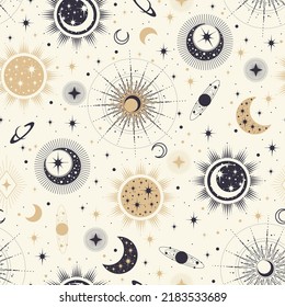 Vector magic seamless pattern with constellations, sun, moon and stars. Mystical esoteric background for design of fabric, packaging, astrology, phone case, wrapping paper.