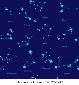 Vector magic seamless pattern with constellations and stars on blue background. Mystical esoteric background for design of fabric, packaging, astrology, notebook covers, wrapping paper.