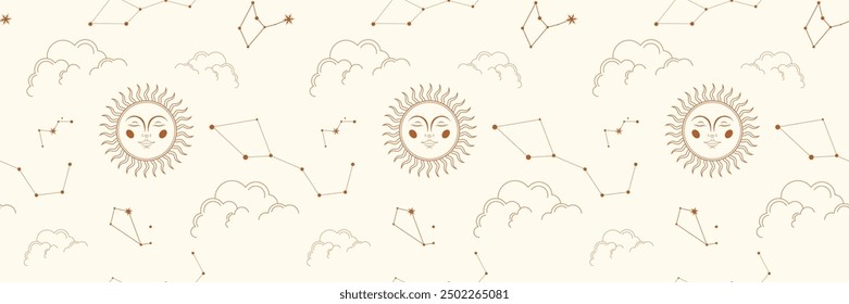 Vector magic seamless pattern with constellations, sun, moon, magic eyes, clouds and stars. Mystical esoteric background for your design. Vector EPS 10