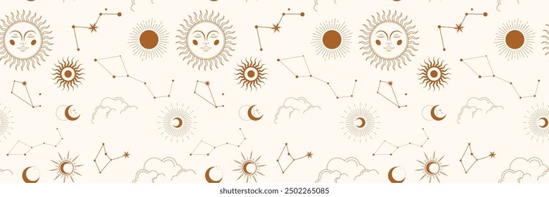 Vector magic seamless pattern with constellations, sun, moon, magic eyes, clouds and stars. Mystical esoteric background for your design. Vector EPS 10