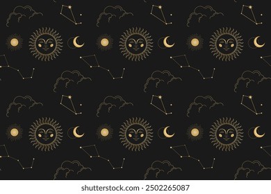 Vector magic seamless pattern with constellations, sun, moon, magic eyes, clouds and stars. Mystical esoteric background for your design. Vector EPS 10