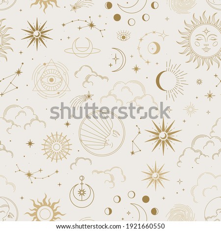 Vector magic seamless pattern with constellations, sun, moon, magic eyes, clouds and stars. Mystical esoteric background for design of fabric, packaging, astrology, phone case, wrapping paper.