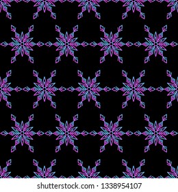 Vector magic seamless pattern with glow pink and blue rhombus snowflakes on the black background.