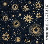 Vector magic seamless pattern with gold sun moon and stars