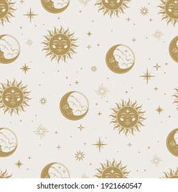 Vector magic seamless pattern with gold sun, moon and stars. Mystical esoteric background for design of fabric, packaging, astrology, phone case, yoga mat, notebook covers, wrapping paper.