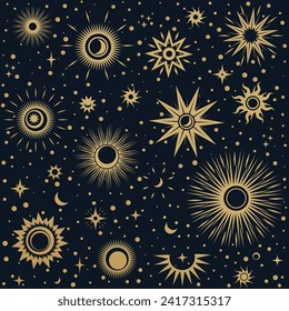 Vector magic seamless pattern with gold sun moon and stars