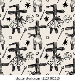 Vector magic seamless pattern. Hand drawn occult symbols. The pattern of sorceresses, mysterious knowledge. Doll, needle.