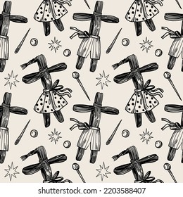 Vector magic seamless pattern. Hand drawn occult symbols. The pattern of sorceresses, mysterious knowledge. Doll, needle.