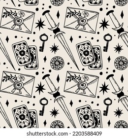 Vector magic seamless pattern. Hand drawn occult symbols. The pattern of sorceresses, mysterious knowledge. Dagger, envelope, key, tarot.