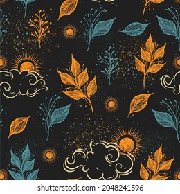 Vector magic seamless pattern with herbs, sun, planets, clouds and stars.Vintage background for design of fabric, packaging, astrology, phone case, wrapping paper. Retro illustration.