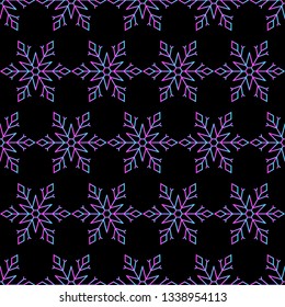 Vector magic seamless pattern with iridescent pink and blue rhombus snowflakes on the black background.