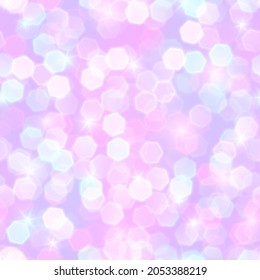 Vector Magic Seamless Pattern. Iridescent Sparkles. Rhombic Bokeh. Cute Pastel Unicorn Background. Shiny Pink Texture.