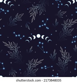 Vector magic seamless pattern with moon phases, constellations. Mystical esoteric background for design of fabric, packaging, astrology, phone case, yoga mat, notebook covers, wrapping paper.