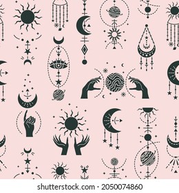 Vector magic seamless pattern with mystery symbols. Magical background
