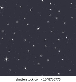 Vector magic seamless pattern with shiny stars and silver glitter. Dark gray fairy background.