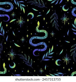 Vector magic seamless pattern with snakes, leaves, moon and stars. Mystical esoteric background for design of fabric, packaging, astrology, phone case, wrapping paper.