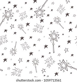 Vector magic seamless pattern with stars, magic wands and diamonds