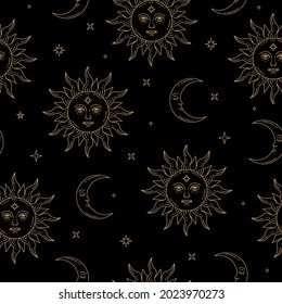 Vector magic seamless pattern with sun, moon, magic and stars. Mystical esoteric background for design of fabric, packaging, astrology, phone case, wrapping paper.