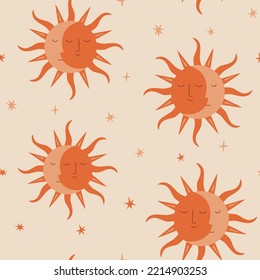 Vector Magic Seamless Pattern With Sun Moon And Stars. Crescent Moon With Face. For Textiles, Clothing, Bed Linen, Office Supplies.