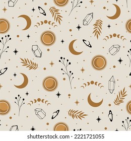 Vector magic seamless pattern with sun, moon, plants and stars. Mystical esoteric background for design of fabric, packaging, astrology, phone case, wrapping paper.