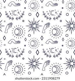 Vector magic seamless pattern with sun, moon, branch and stars. Mystical esoteric background for design of fabric, packaging, astrology, phone case, wrapping paper.