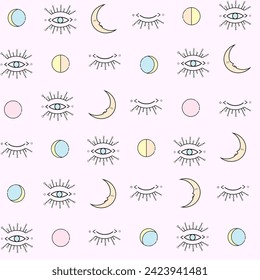 Vector magic seamless pattern with sun, moon and magic eyes. Mystical esoteric background for design of fabric, packaging, astrology, phone case, wrapping paper. Bohemian linear symbols.