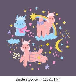 Vector magic set with alpaca. Sweet llama. Pink sheep or unicorn. Use for kids theme. Textiles, room, wallpaper, clothes print. Good night baby night print