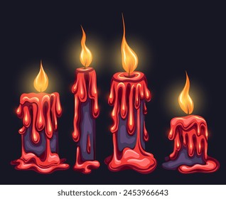 Vector magic set of cartoon candles with lights. Mystery collection cliparts of red wax candles with sparkle on a dark background for mobile games, condolence letters and invitations. Mystery ritual