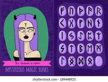 Vector magic set with freaky girl and mysterious runes