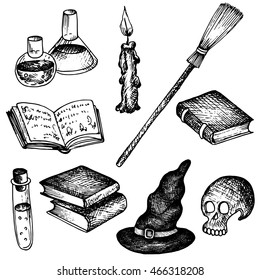 vector magic set, human skull and black witch hat, magician books and broom, candle and flack with poisons, cartoon halloween symbols, hand drawn illustration, isolated design element