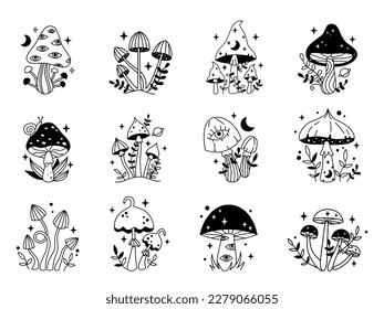 Vector magic set of mushrooms and starts in black color. Mystical line fungi. Outline celestial cliparts. Fairytale mushroom collection. Moons and botany. Witchy esoteric mystic mushrooms.