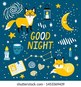 Vector magic set of night icons: cute fox, moon, book, candles, milk and cookies. Sticker collection with sleeping fox. Night background with cozy elements. Bedtime stories. Children background.