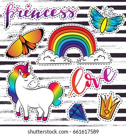 Vector magic set of stickers with unicorn, 
rainbow and butterfly. Hand-drawn  patches, pins 
in cartoon doodle style for print.
