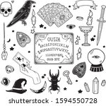 Vector magic set. Witchcraft and occultism symbols: skull, crow, Ouija board, candles, moon, crystals, stars, tarot, witch hat. Hand drawn illustration, flat and cartoon style. For stickers, tattoo.