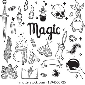 Vector magic set. Witchcraft symbols: stars, crystals, night moth, potion, skull, candles, rings, talisman. Hand drawn illustration, flat and cartoon style. For stickers, cards, tattoo, print design, 