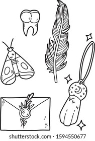 Vector magic set. Witches symbols: night moth, letter with stamp, talisman of lucky rabbit foot. Hand drawn illustration, flat and cartoon style. For stickers, cards, tattoo, print design, badges.