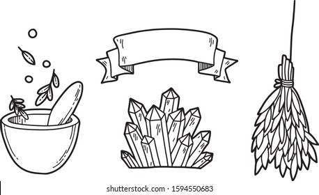 Vector magic set. Witches symbols: dry herbs, mortar and pestle, crystals, ribbon. Hand drawn illustration, flat and cartoon style. For stickers, cards, tattoo, print design, badges.