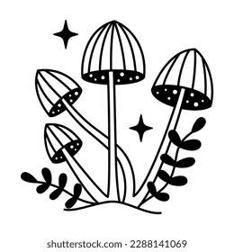 Vector magic striped mushrooms and stars in black color. Mystical line fungi. Outline fairytale mushrooms and leaves. Witchy esoteric mystic mushrooms.