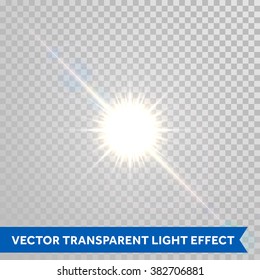 Vector magic sunlight glare effect. Sunshine sparks with lens flare radiant light. Bright glowing light flash isolated on transparent background