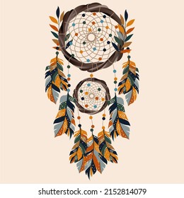 Vector magic symbol dreamcatcher with gemstones and feathers.