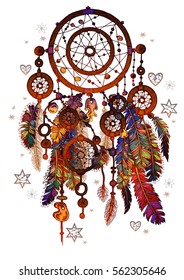 Vector magic symbol Dreamcatcher with gemstones and feathers.